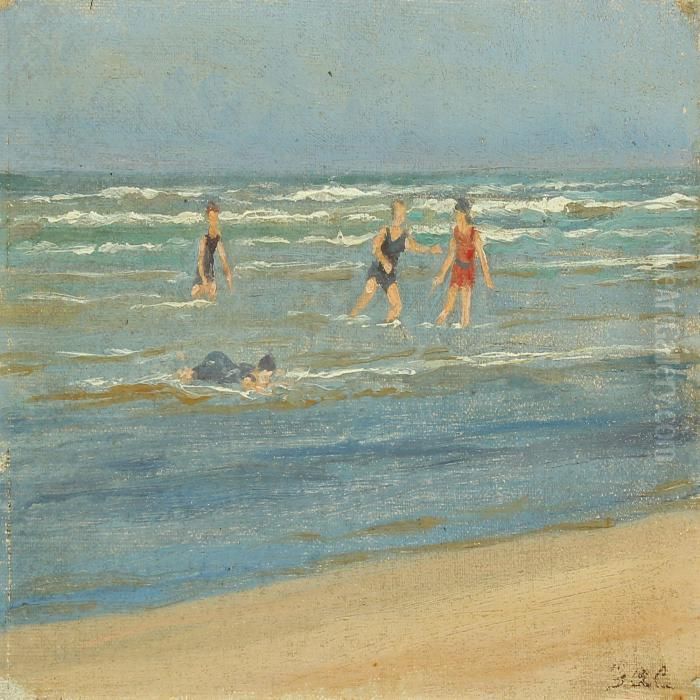 Beach With Bathers Oil Painting by Gustaf Adolf Clemens