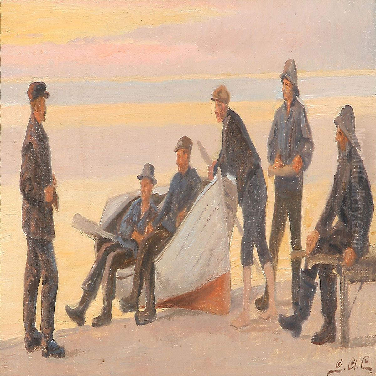 Beach Scene With Fishermen Around A Rowing Boat Oil Painting by Gustaf Adolf Clemens