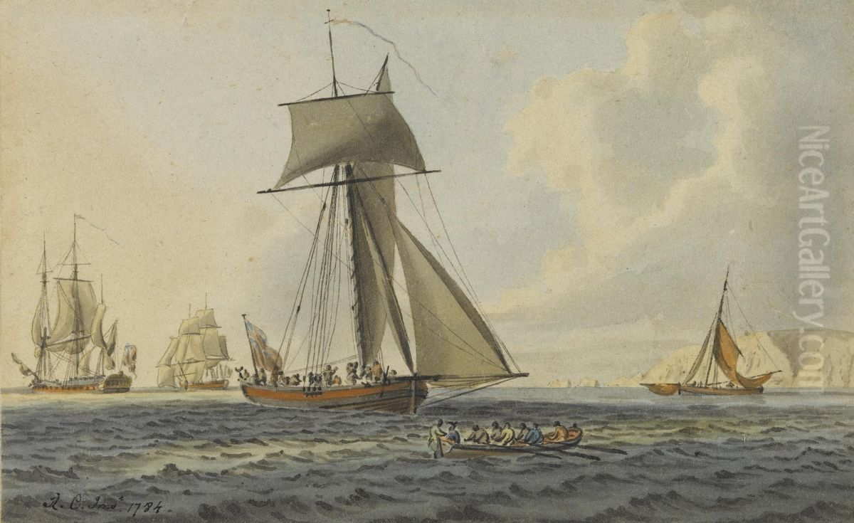 Taking Crew To An English Frigate, Near The Needles, Isle OfWight Oil Painting by Robert Cleveley