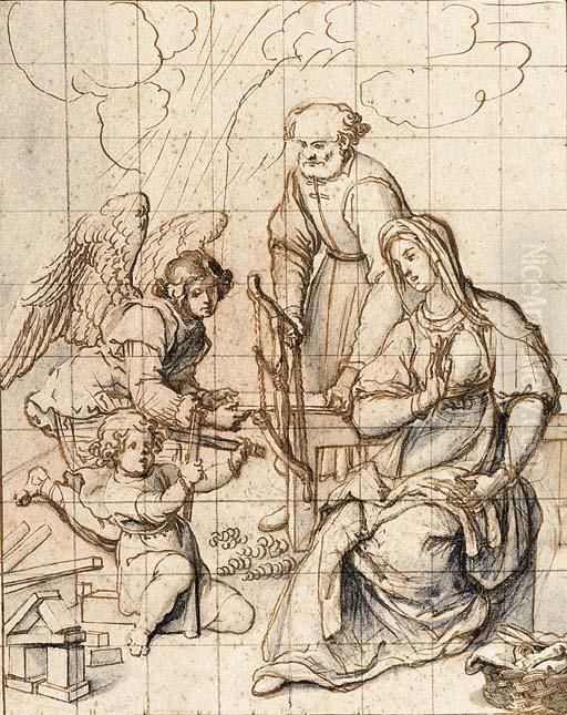 The Holy Family In The Carpenter's Shop Attended By An Angel Oil Painting by Sigismondo Coccapani