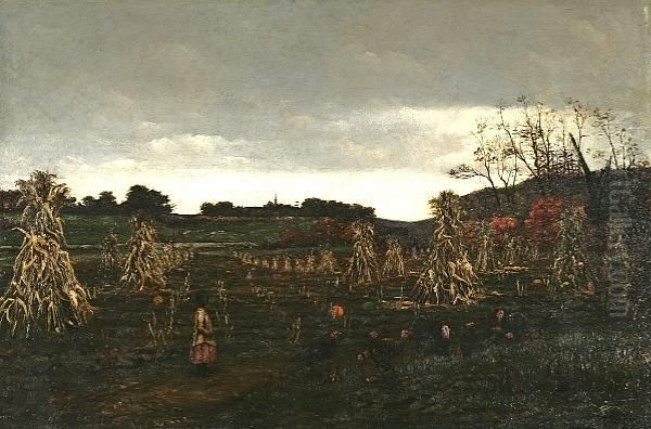 Girl And Wild Turkeys In A Pumpkin Patch Oil Painting by William Anderson Coffin