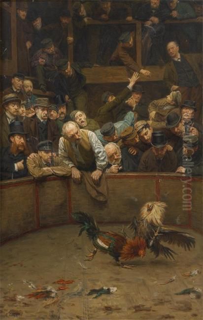 Le Combat De Coqs Oil Painting by Remy Cogghe