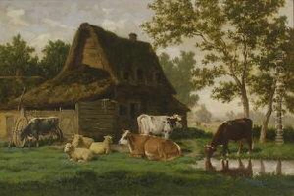 Kuhe Und Schafe Vor Dem Bauernhaus. Oil Painting by Louis Coignard