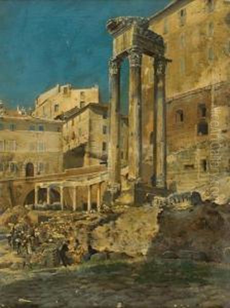 Veduta Del Tempio Del Divo Vespasiano Al Foro Romano Con Visitatori Oil Painting by Francesco Coleman