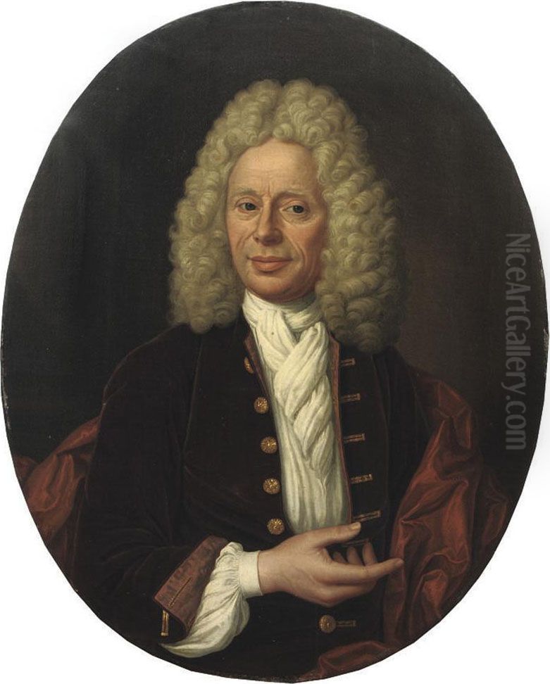 Portrait Of A Gentleman, Half-length, In A Red Velvet Costume With A White Chemise And White Jabot Oil Painting by Herman Collenius