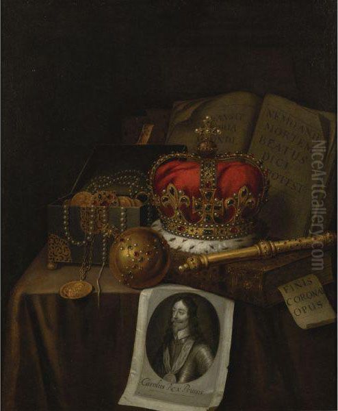 Vanitas Still Life With Crown, Jewels And An Engraving Of Charles Iof England Oil Painting by Edwart Collier