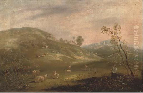 A Shepherd And His Flock On A Hillside With Cottages In Thedistance Oil Painting by John Maler Collier