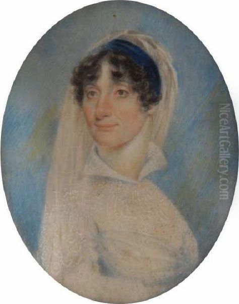 Miniature Portrait Of Alady, Head And Shoulders - Wearing A Long White Veil And Bluevelvet Hair Band Oil Painting by Richard Collins