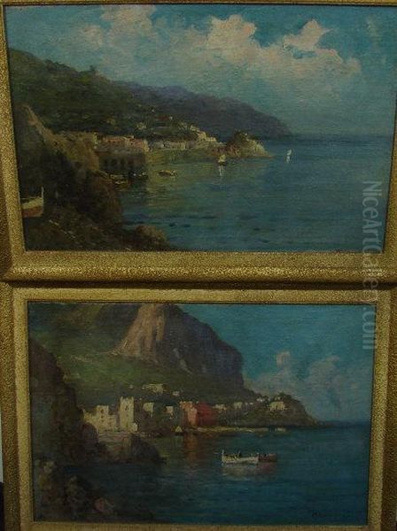 Italian Coastal Scenes With Fisherman In Boats With Buildings Oil Painting by Ambrogio Colombo