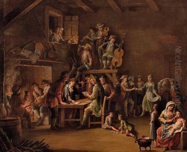 Im Wirtshaus Mit Kartenspielern,tanzern Und Musikanten Oil Painting by Giovanni Battista Colombo