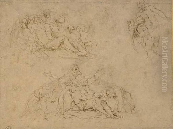 Deux Etudes Du Christ Mort Entoure De Figures Avec Une Etude D'unsaint Avec Le Christ Oil Painting by Angelo Michele Colonna