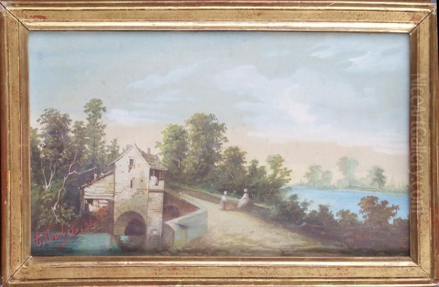 Paysage Anime Au Moulin Oil Painting by T. Combes