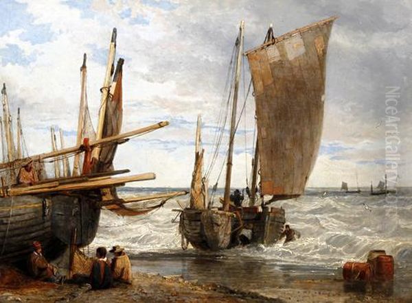 Fishing Vessels And Fishermen On The Shore Oil Painting by Edward William Cooke