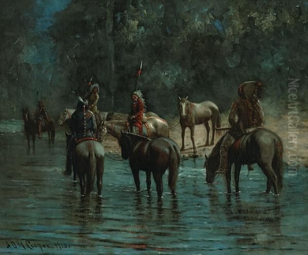 Indians Fording A Stream At Twilight Oil Painting by Astley David Middleton Cooper