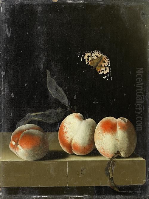 Three Peaches On A Stone Ledge With A Red Admiral Butterfly Oil Painting by Adriaen Coorte