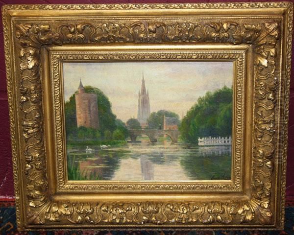 Aube Au Lac L'amour, 
Bruges, 
In Ornate Gilt Frame Oil Painting by Omer Coppens