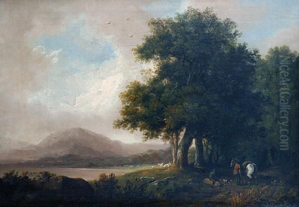 Figures Before A Lake Oil Painting by Corbould, Richard