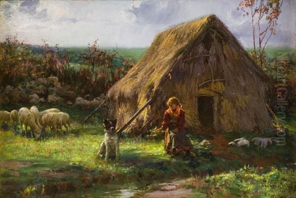 Pastorella Con Gregge Presso Un Capanno Oil Painting by Augusto Corelli