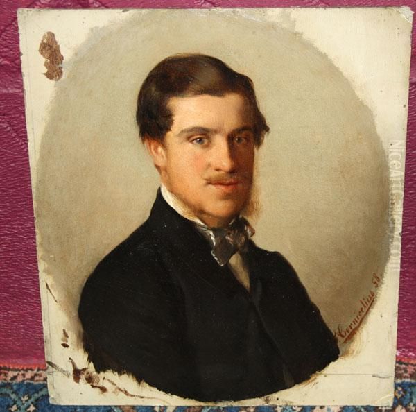 Oval Portrait Of A Gentleman Wearing A Black Coat Oil Painting by Georg Cornicelius