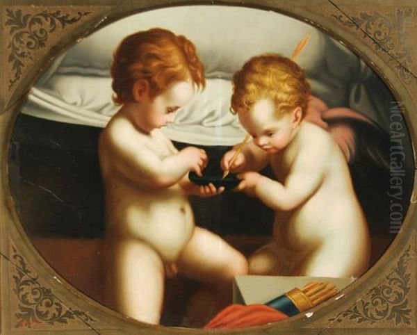 Two Putti Sharpening Arrows Oil Painting by Antonio Allegri da Correggio