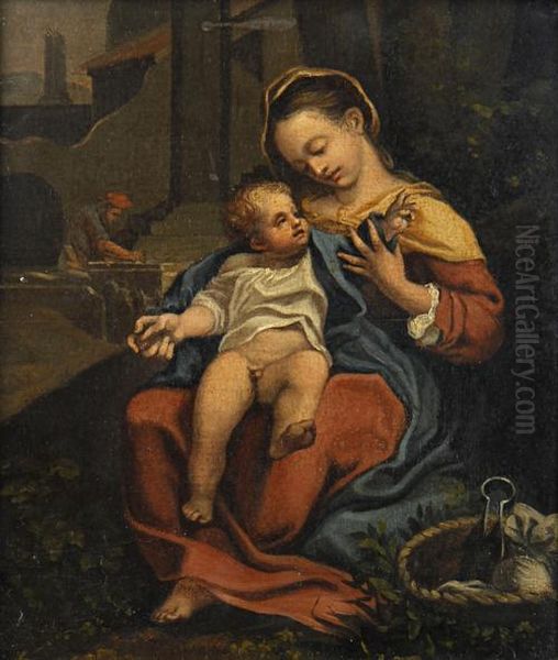 The Madonna And Child, With Saint Joseph In The Background Oil Painting by Antonio Allegri da Correggio