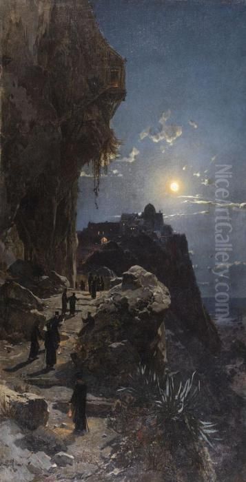 Nachtlicher Aufstieg Am Berge Athos Oil Painting by Hermann David Solomon Corrodi