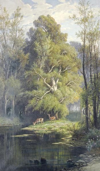 Deer Drinking At A Stream Oil Painting by Hermann David Solomon Corrodi