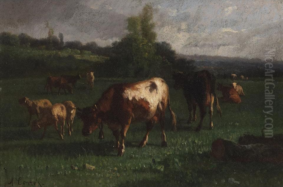 Cows And Sheep In A Pasture Oil Painting by Andres Cortes