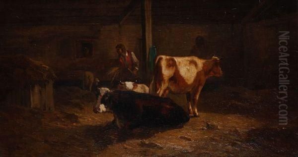 Fermier Avec Sesvaches Dans L'etable Oil Painting by Andres Cortes