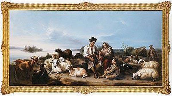 Pastor Con Su Familia Y Su Rebano Oil Painting by Andres Cortes