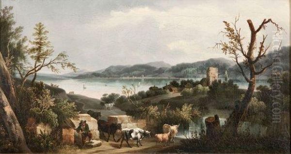 Troupeau Dans Un Paysage Lacustre Oil Painting by Andres Cortes