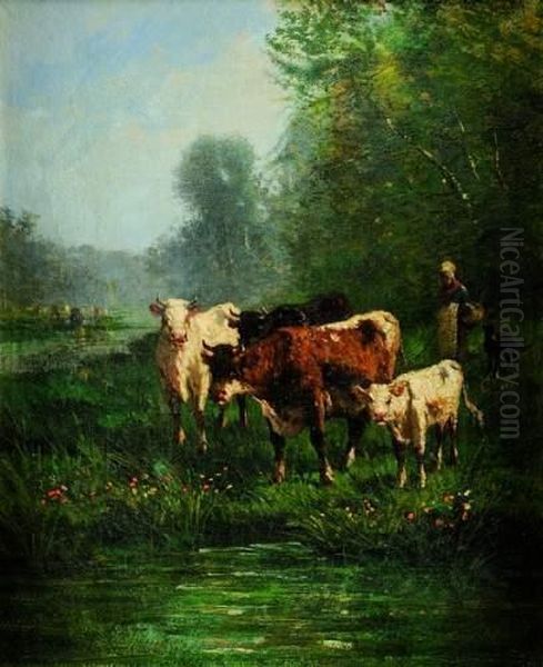Bergere Menant Ses Vaches A L'abreuvoir Oil Painting by Andres Cortes