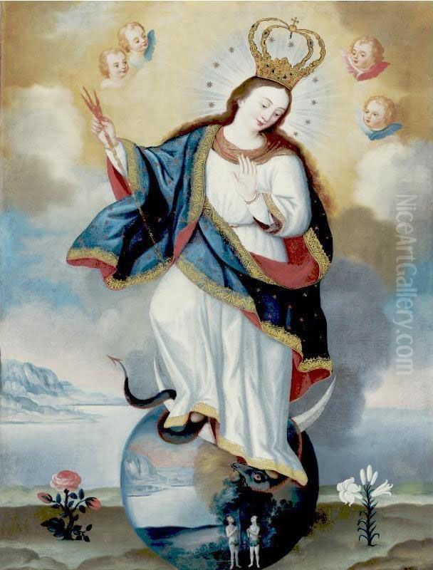 Apocalyptic Virgin Of Quito Oil Painting by Jose Cortez De Alcocer