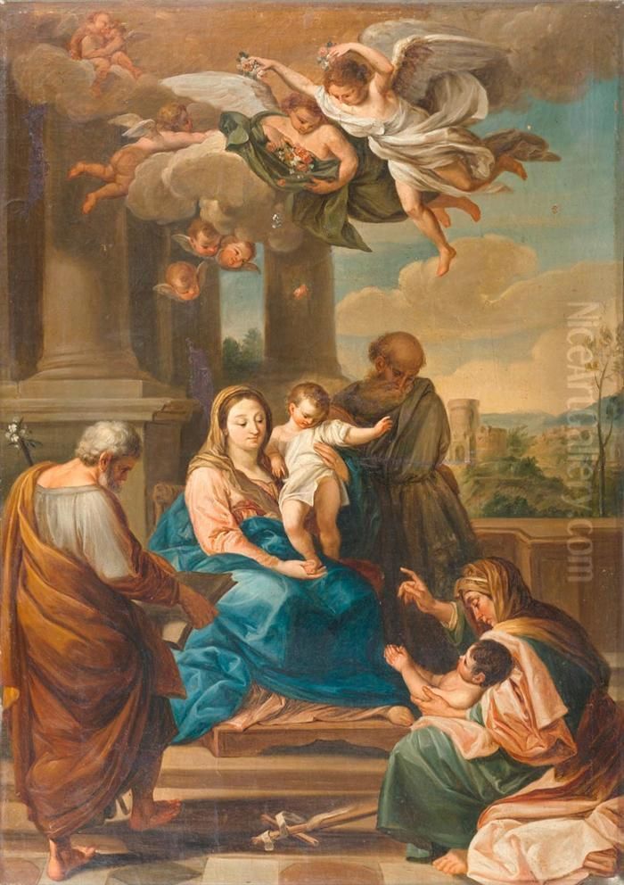 Holy Family Crowned With Flowers By Angels. Oil Painting by Domenico Corvi