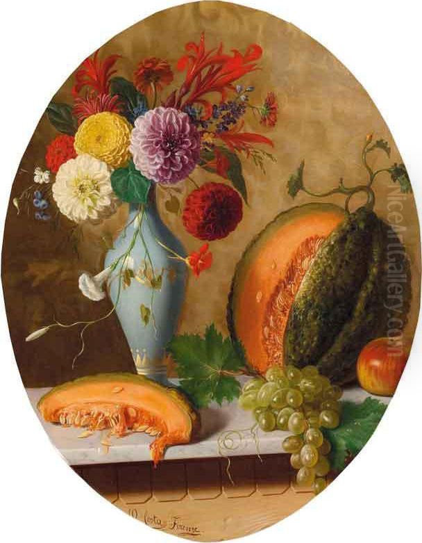 Natura Morta Con Fiori E Frutta Oil Painting by Oreste Costa