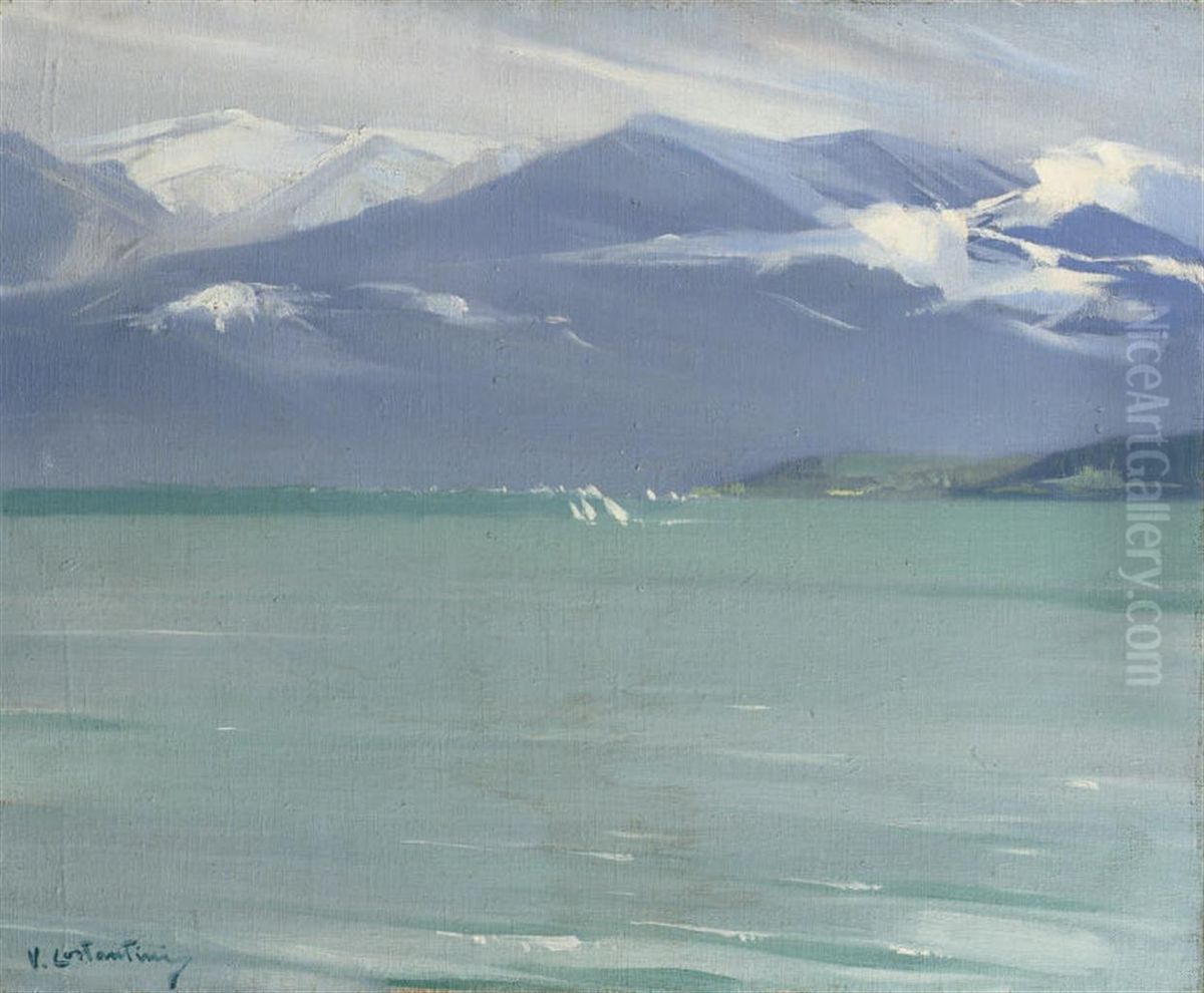 Wintersday At The Lake Lac De Thune, Switzerland Oil Painting by Virgilio Costantini