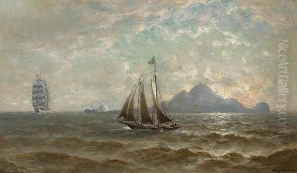 Pilot Boat Meeting Ship At South Farallon Island Oil Painting by William Coulter