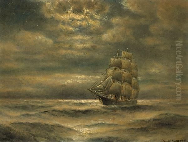 Clipper Ship In The Moonlight Oil Painting by William Coulter