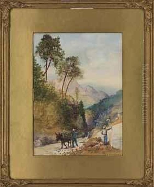 View In Chile With Workers And A Donkey Oil Painting by Ernest Courtois De Bonnencontre
