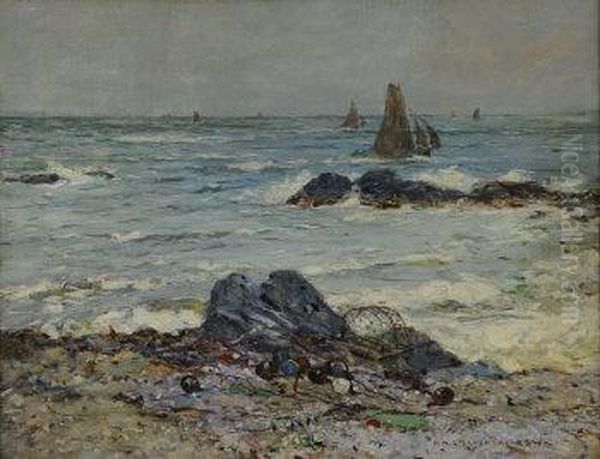 Scottish 
Lobster Pot And Glass Floats On The Shore Line With Sailing Dinghies Off The Coast Oil Painting by Robert Mcgown Coventry