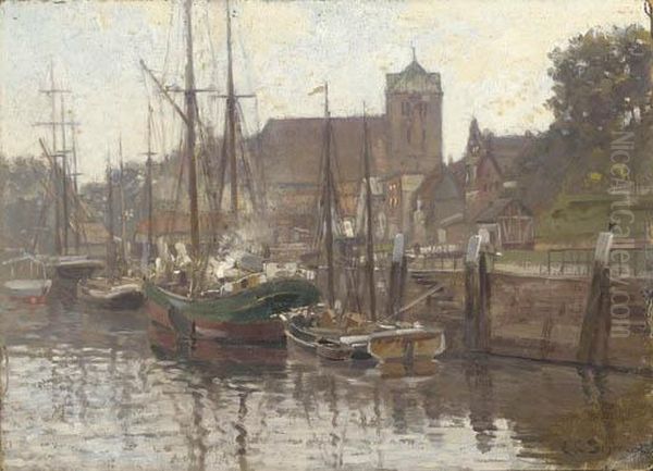Boats Moored On A Canal Oil Painting by Carl Cowen Schirm