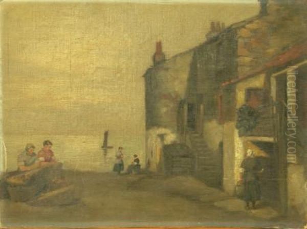 Fisherwomen On The Quayside Oil Painting by Agnes M. Cowieson