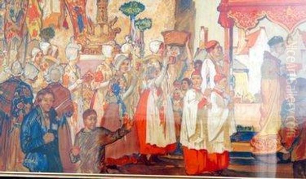 A Feast Day Parade Oil Painting by Albert E. Cox