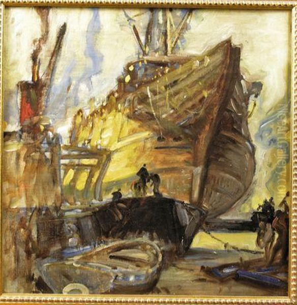 Man-o-war Oil Painting by Albert E. Cox