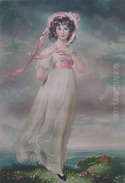 Cox- Lady With Pink Bonnet- Mezzotint In Colors, 1940,signed In Pencil, Published By Alfred Bell & Co. Ltd., London,slightly Light Struck, Handling Creases, Glued To Top And Bottommats Along Upper Edge, Minor Soiling In Margins And Verso, 16 X11'' Oil Painting by Arthur Cox