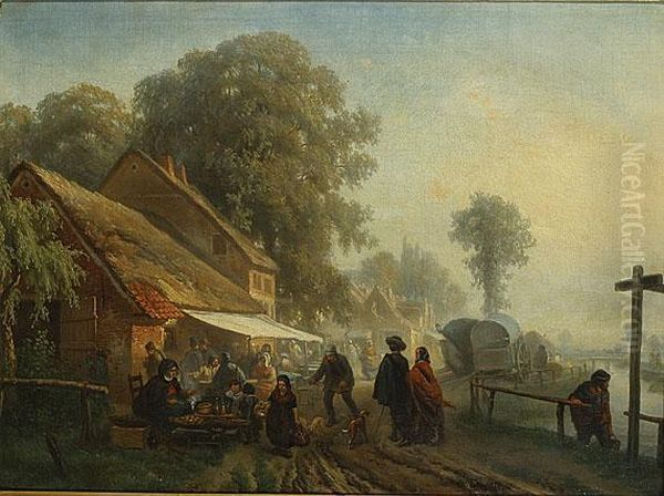 Marche Au Bord De La Riviere Oil Painting by Florent Nicolas Crabeels