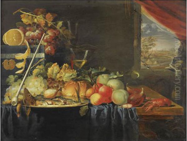 Nature Morte De Raisins, Citrons, Abricots, Ecrevisse Et Coffret De Velours Bleu Sur Un Entablement En Bois Pres D'une Fenetre Oil Painting by Laurens Craen