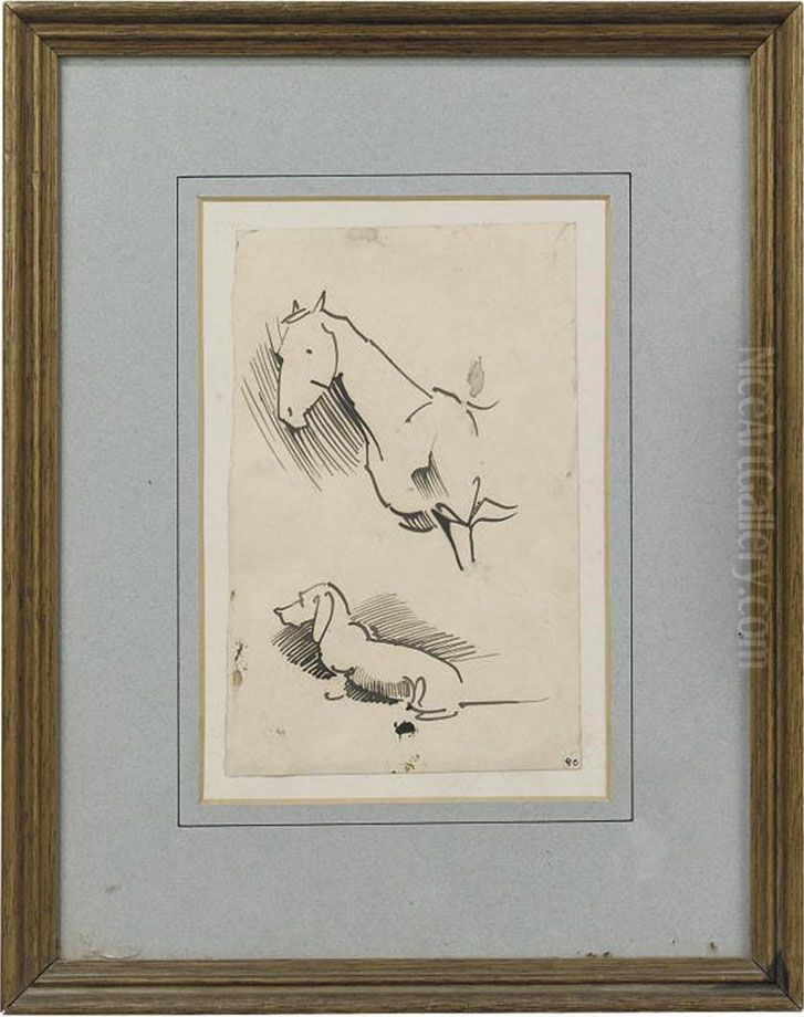 Two Sketches - A Horse And A Daschund Oil Painting by Joseph Crawhall