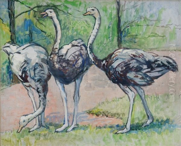 Ostriches Oil Painting by Joseph Crawhall