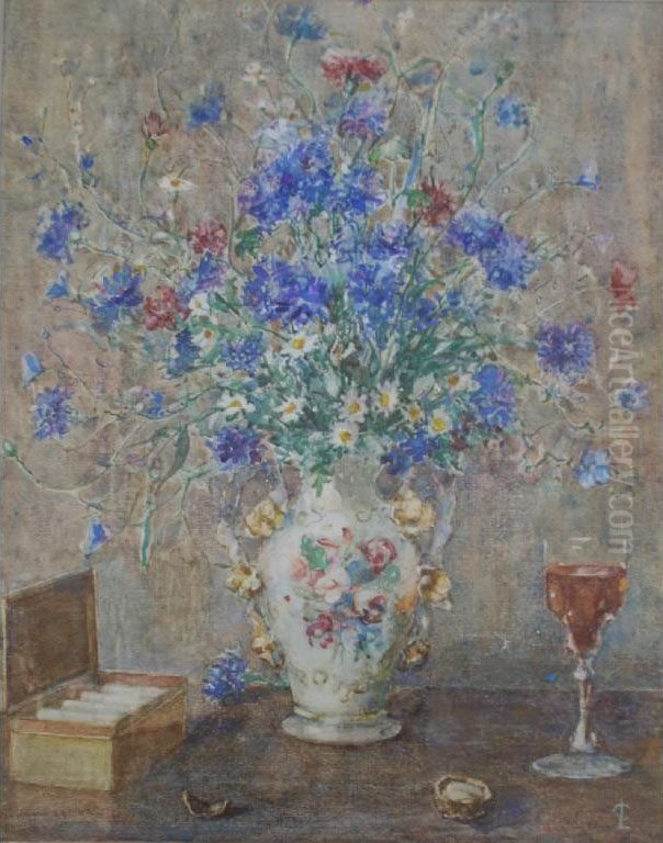 Still Life Of Flowers With A Wine Glass And A Cigarette Box Oil Painting by Lionel Townsend Crawshaw